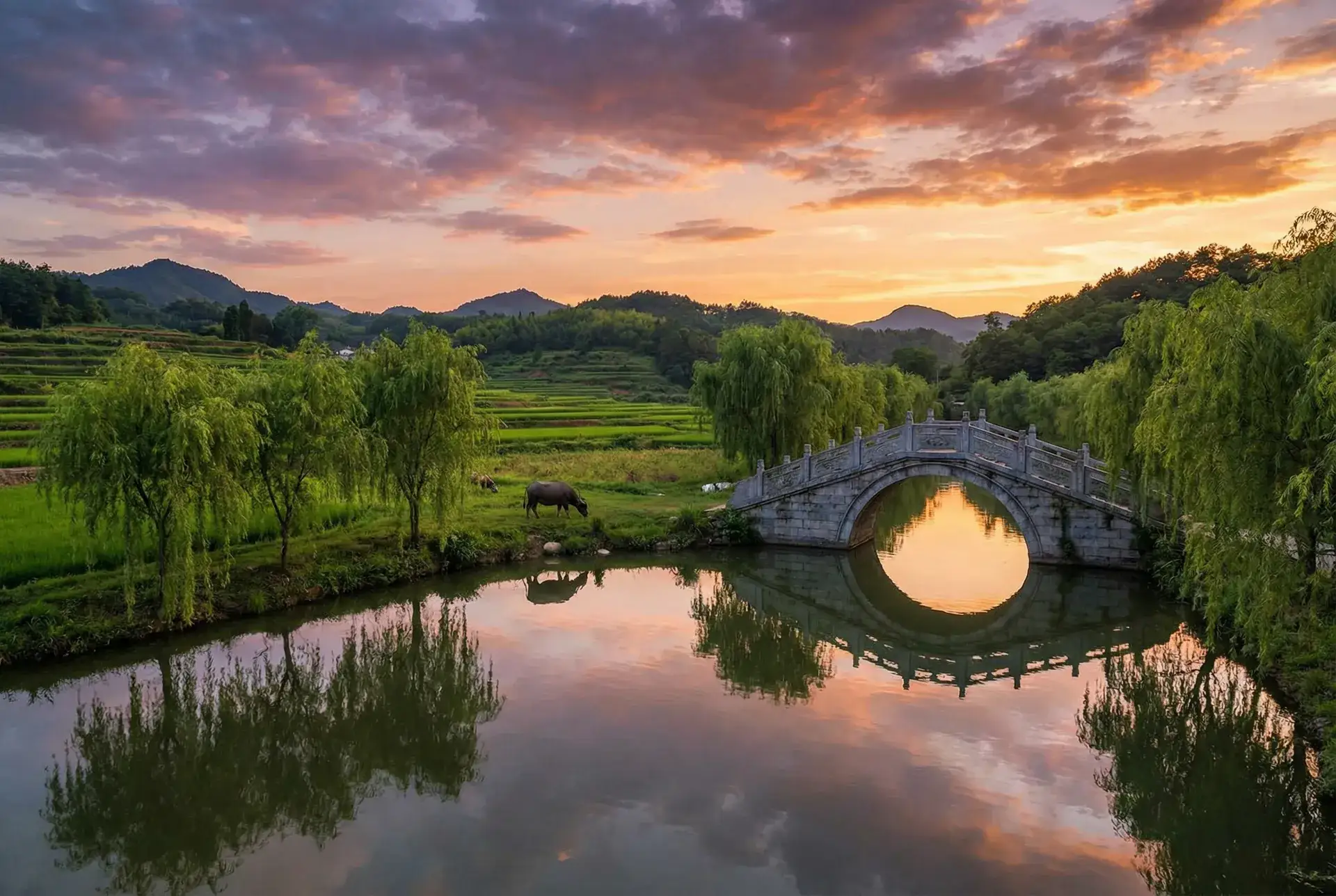 夕阳下的石拱桥与垂柳，水牛在河边吃草 - 肌肉男打飞机 乡村美景